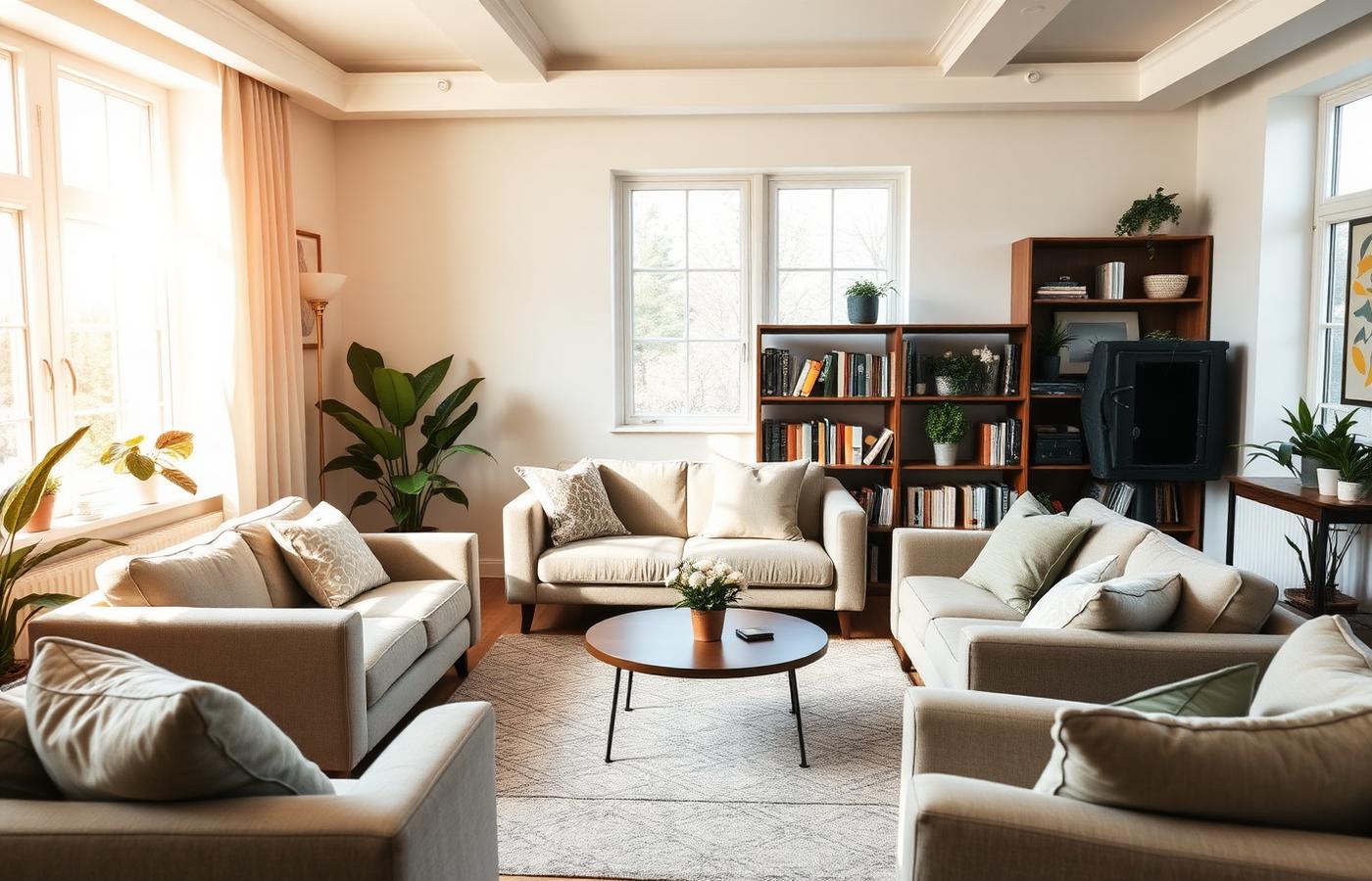 Bright, welcoming shared living room with comfortable seating, bookshelves and plants